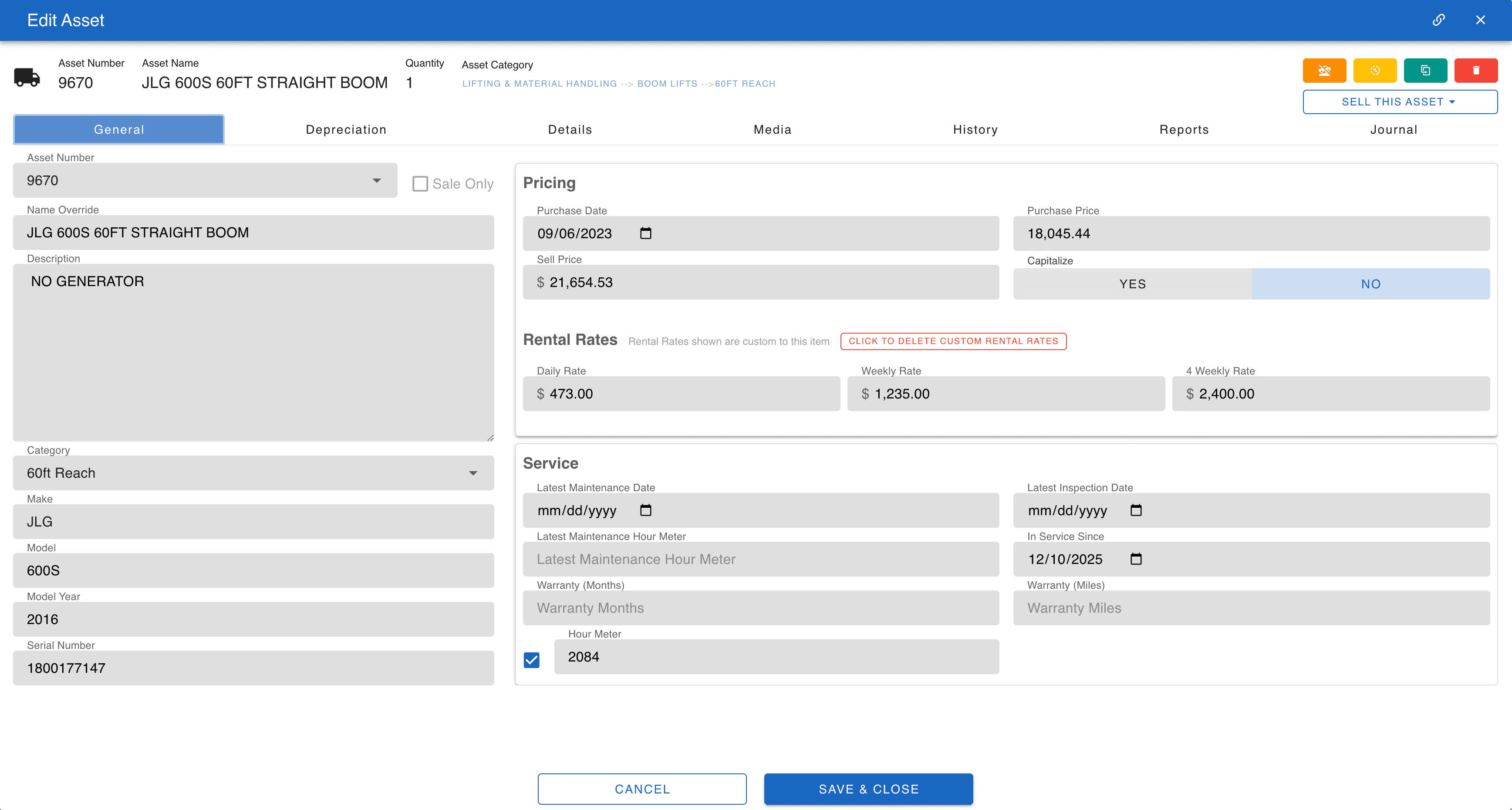 CloudERM asset edit dialog — purchase price, sale price, daily/weekly/4-weekly rental rates, and service info for a single asset