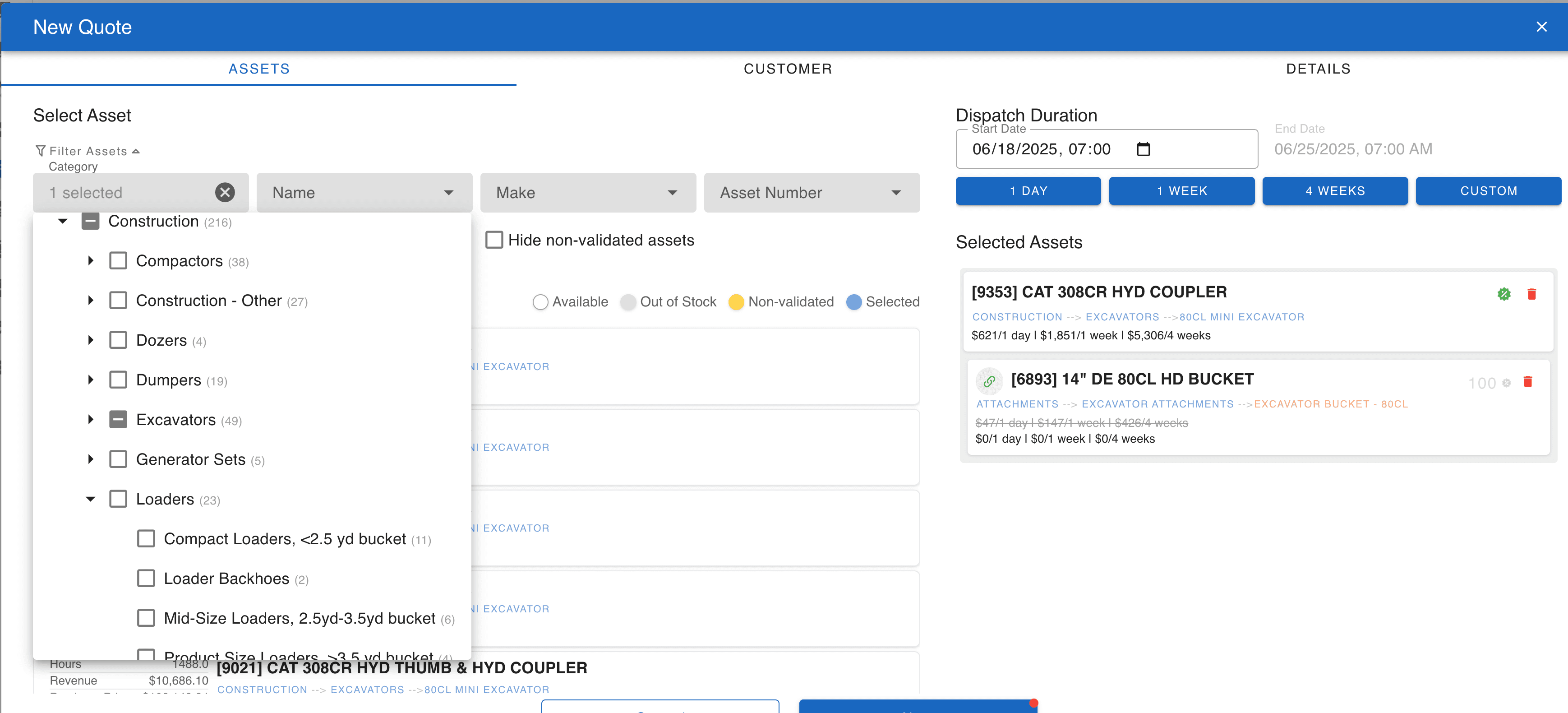 CloudERM quote-builder — picking assets from the category tree with availability and per-asset rates